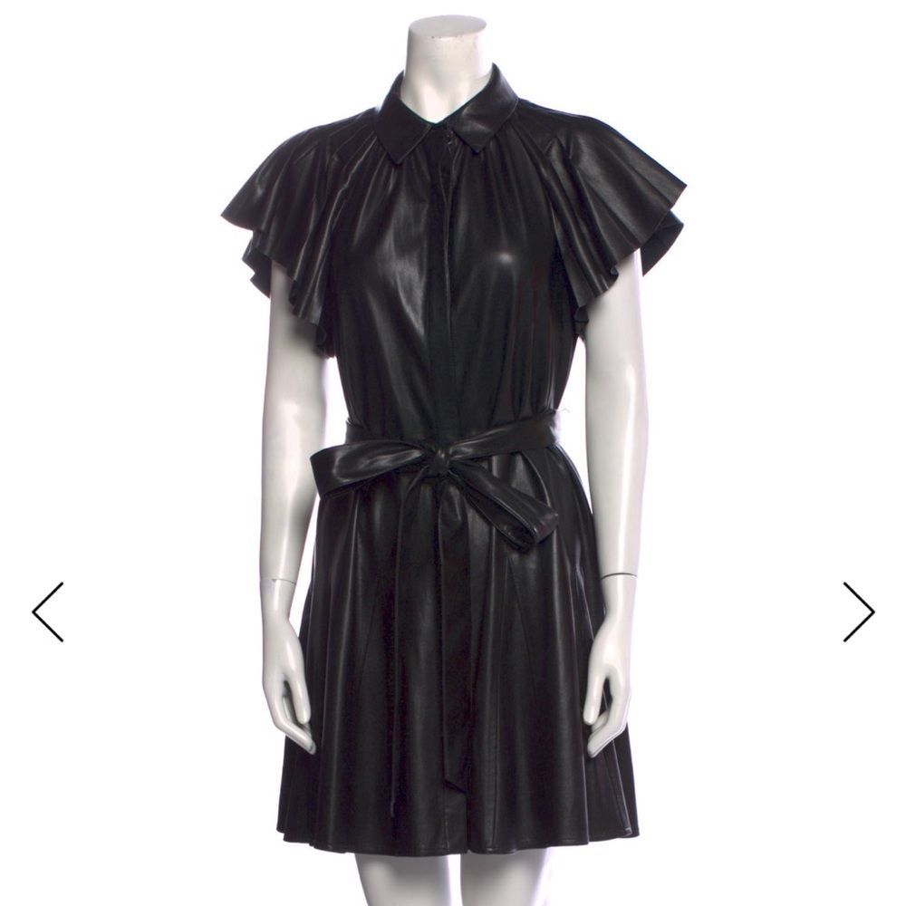 Alice + Olivia Carolyn Vegan Leather Black Mini Shirt Dress Medium